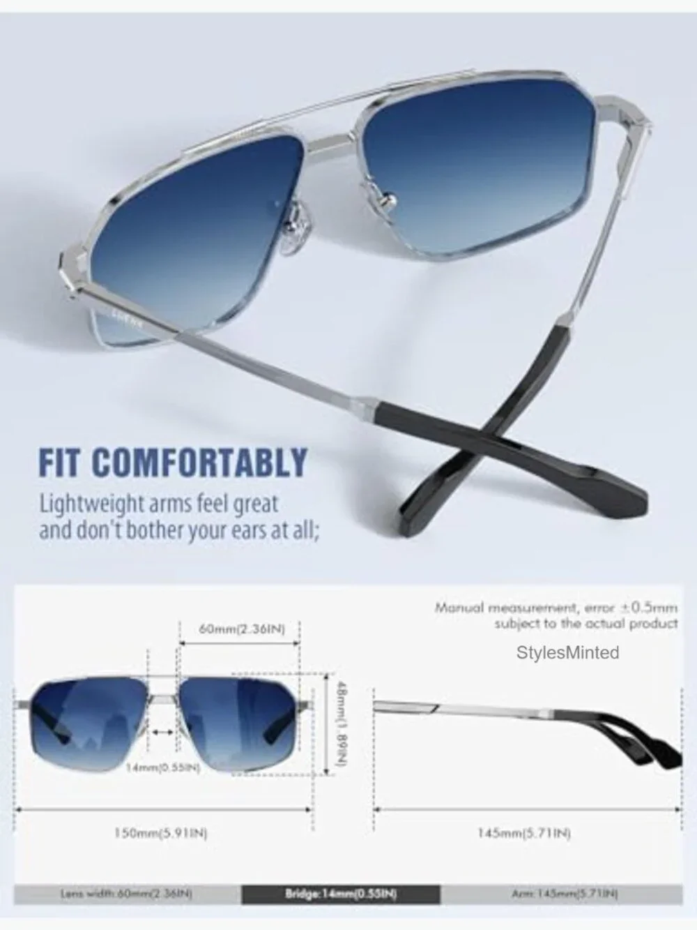 Polarized Square Aviator Sunglasses UV400 Driving Retro 60mm